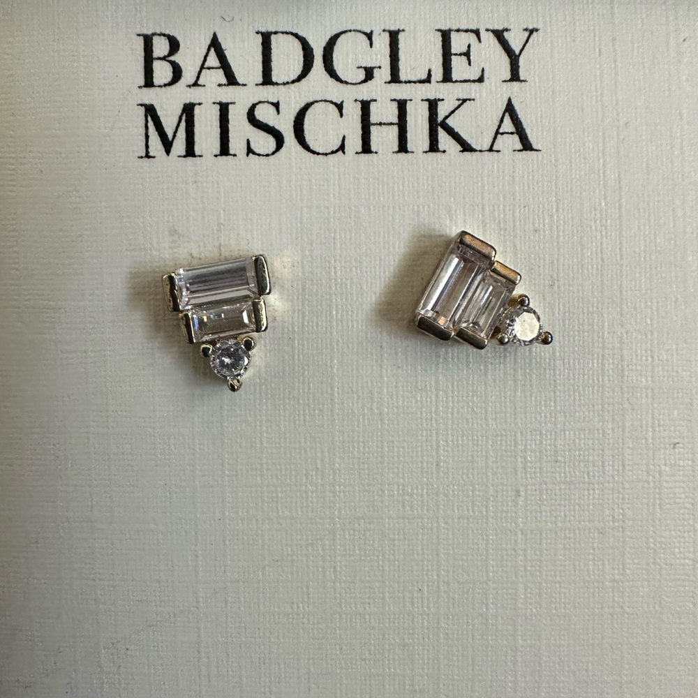 Badgley Mischka 18K Gold Plated, Cubic Zirconia Baguette Stud Earrings NEW